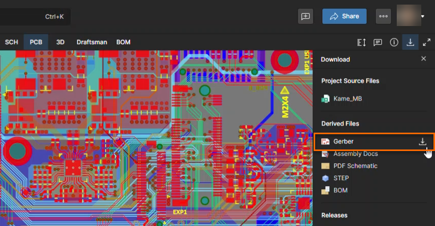 Altium 365 PCB viewer with Download panel open, showing project source file Kame_MB and derived files; Gerber is selected for download alongside Assembly Docs, PDF Schematic, STEP, and BOM.