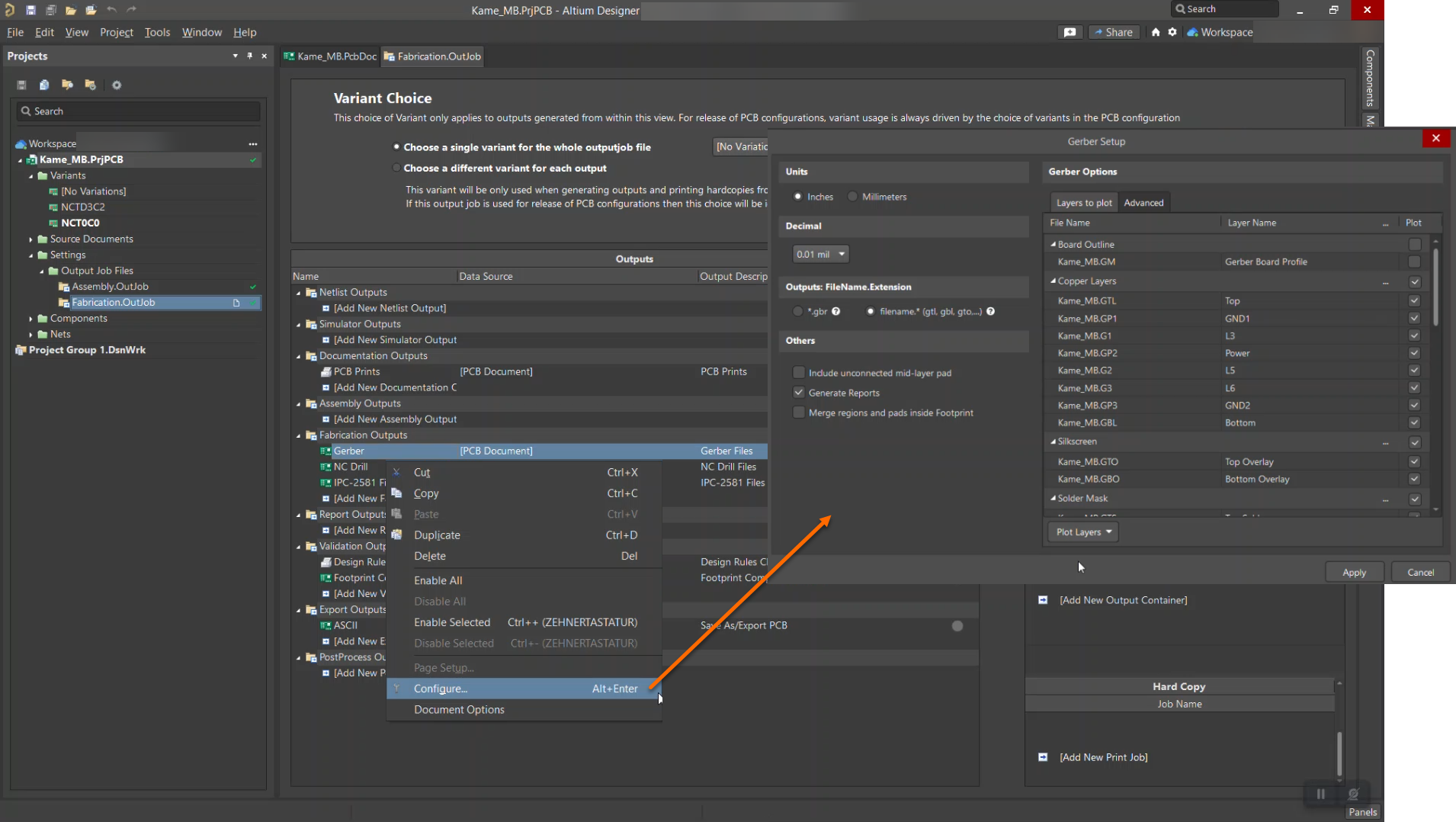 Altium Designer Gerber Setup dialog from an Output Job, with Configure selected and Gerber layers to plot listed, plus report, unit, and filename options.