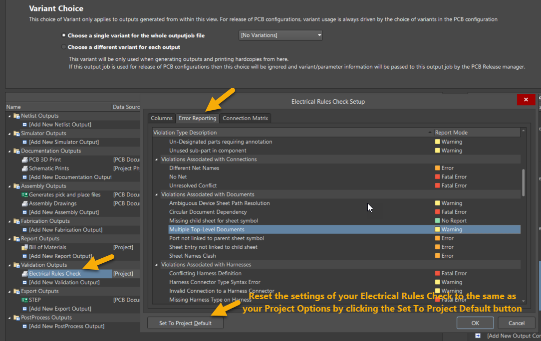 Altium Designer Output Job view with Electrical Rules Check Setup open. Validation Outputs is selected, showing ERC rule severities. Instruction indicates resetting ERC settings to match Project Options using “Set To Project Default.”