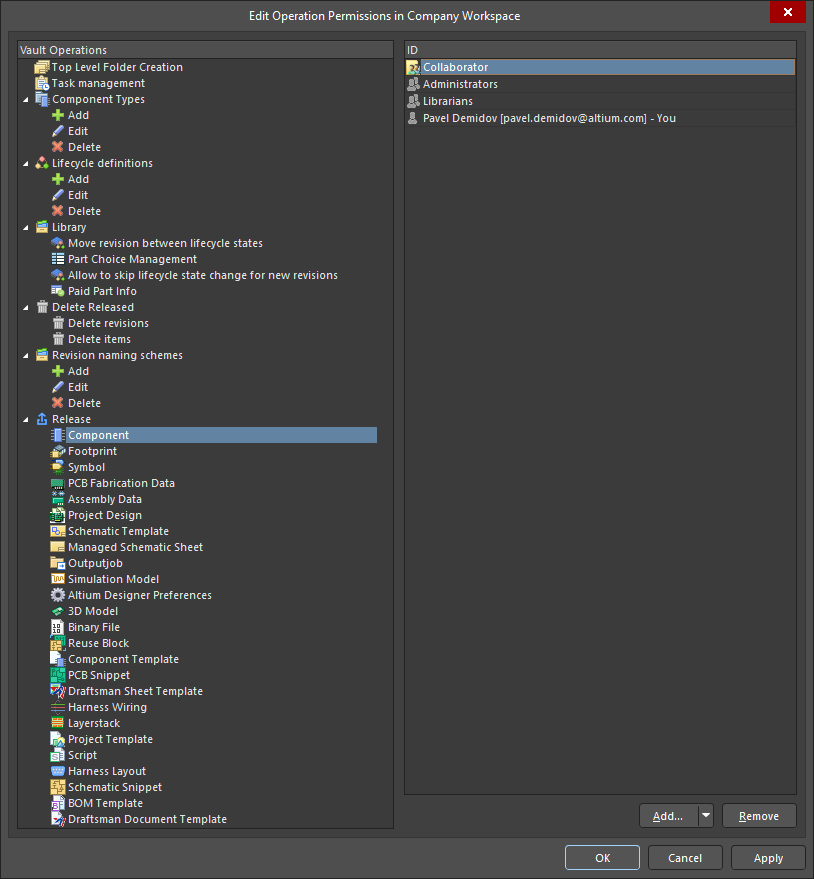 Altium Designer “Edit Operation Permissions in Company Workspace” dialog showing Vault Operations and Component Types permissions, with the Component item selected and roles listed (Collaborator, Administrators, Librarians, and a user) allowed access.