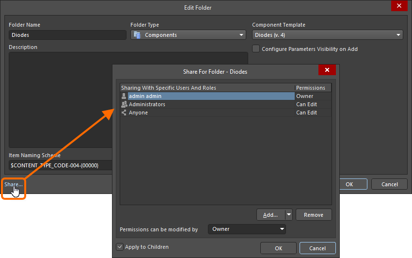 Altium Designer Edit Folder dialog for a Components folder named “Diodes,” showing the Share for Folder permissions where admin admin is Owner, Administrators and Anyone can edit, with Apply to Children enabled.