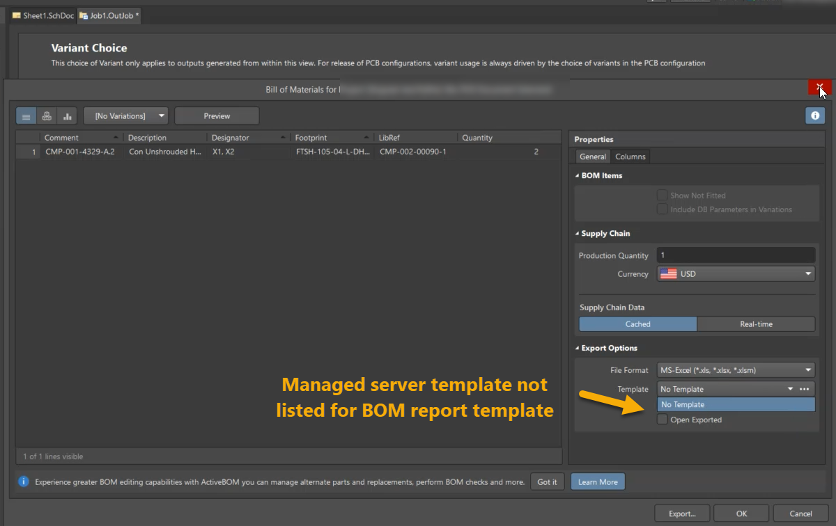 Altium Designer Bill of Materials report dialog with Variant Choice panel open. Export Options show File Format set, but Template field lists “No Template,” indicating managed server BOM templates are not available.