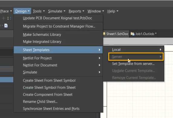 Altium Designer schematic editor menu open to Design > Sheet Templates, showing the Server option selected, indicating use of server‑managed sheet templates instead of local templates.