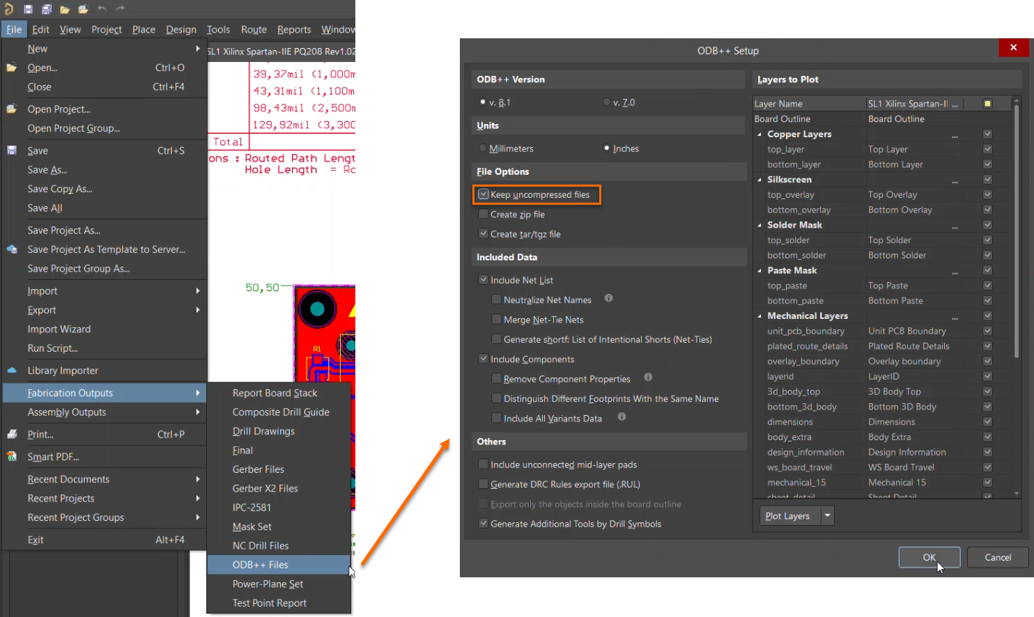 Altium Designer workflow showing File > Fabrication Outputs > ODB++ Files, then ODB++ Setup with “Keep uncompressed files” enabled and OK selected to generate ODB++ output.