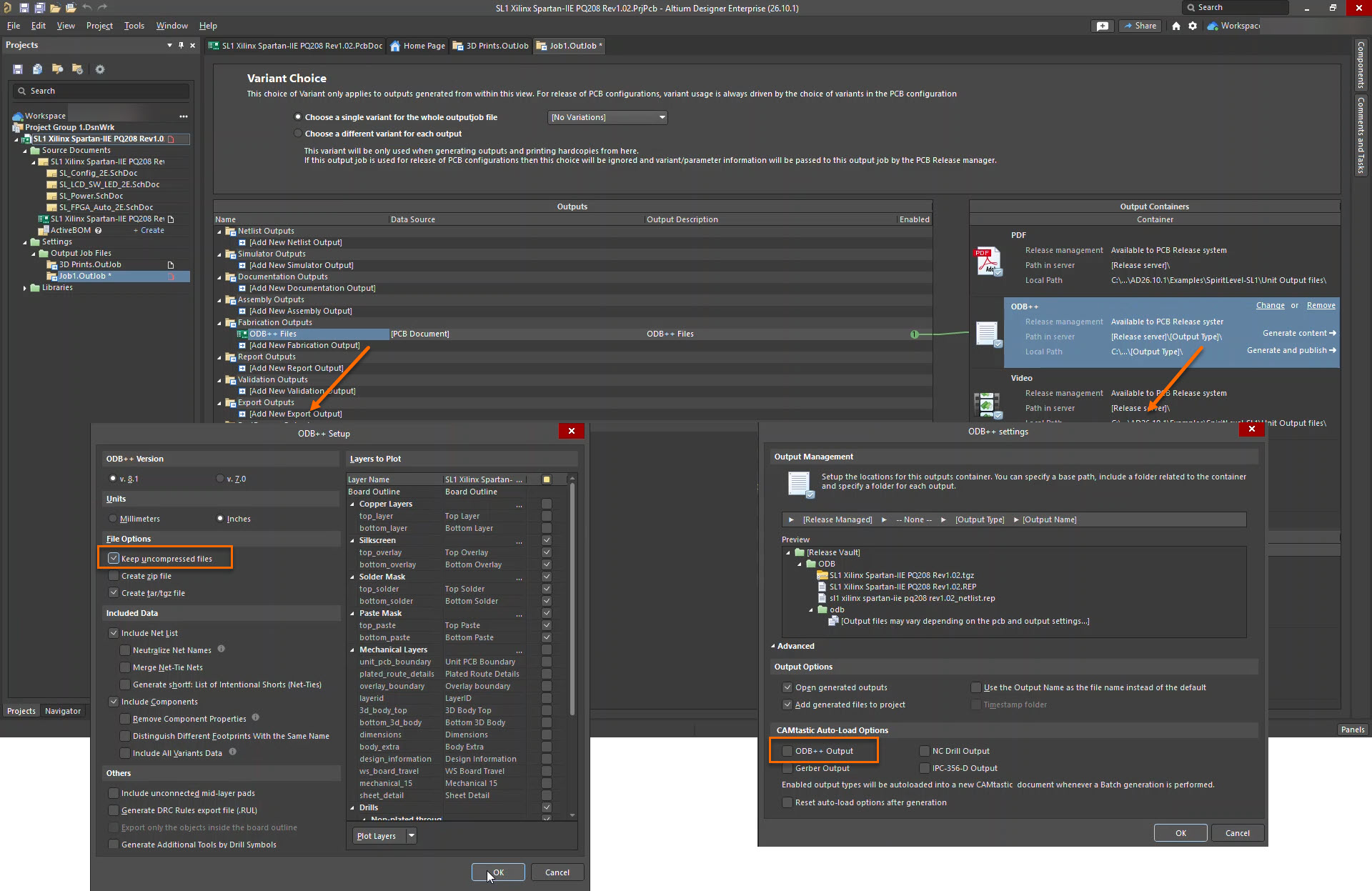 Altium Designer Output Job page showing ODB++ Files fabrication output configured; ODB++ Setup has “Keep uncompressed files” enabled, and Output Management has “ODB++ Output” auto-load selected before generating content.