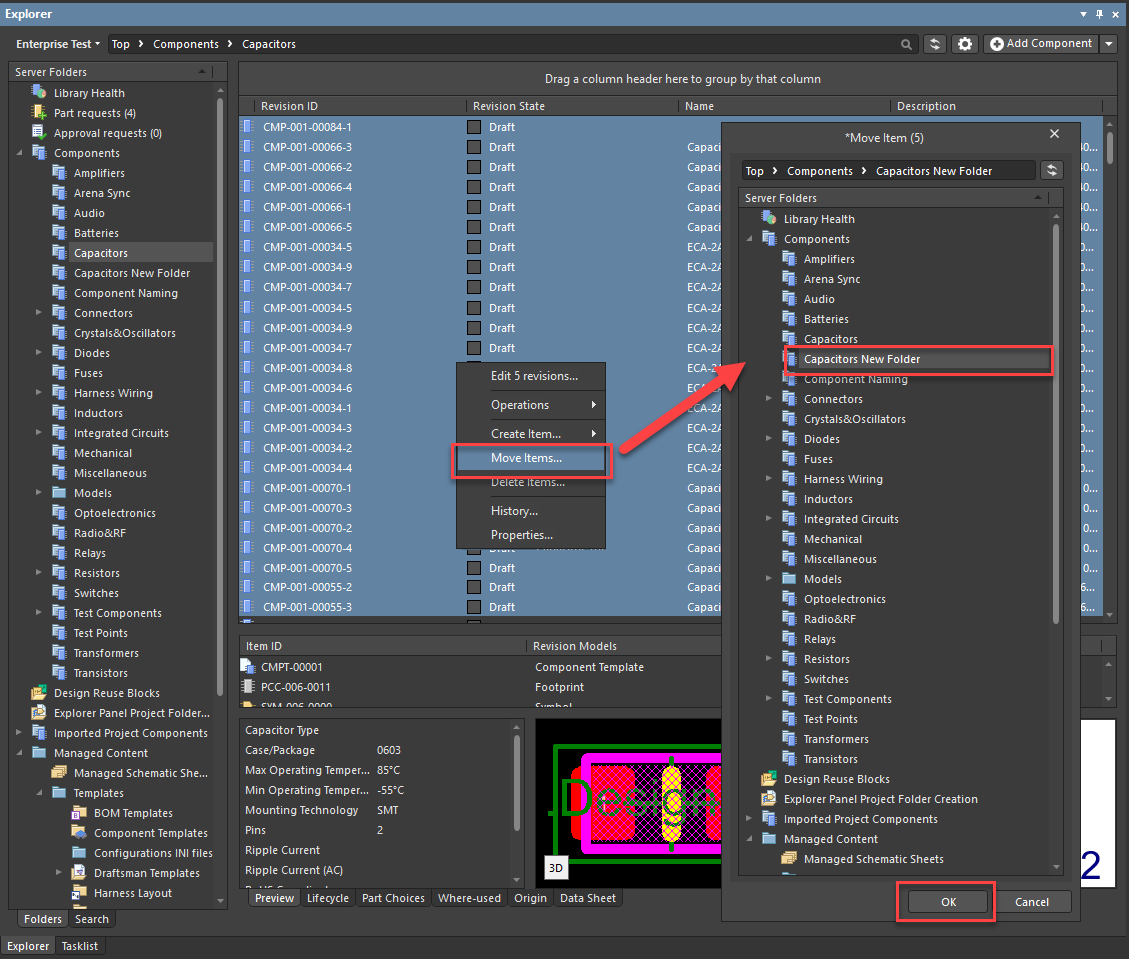 Altium Explorer panel in Components > Capacitors, showing multiple capacitor components selected and Move Items command used to move 5 revisions into “Capacitors New Folder,” with destination confirmed in the Move Item dialog.