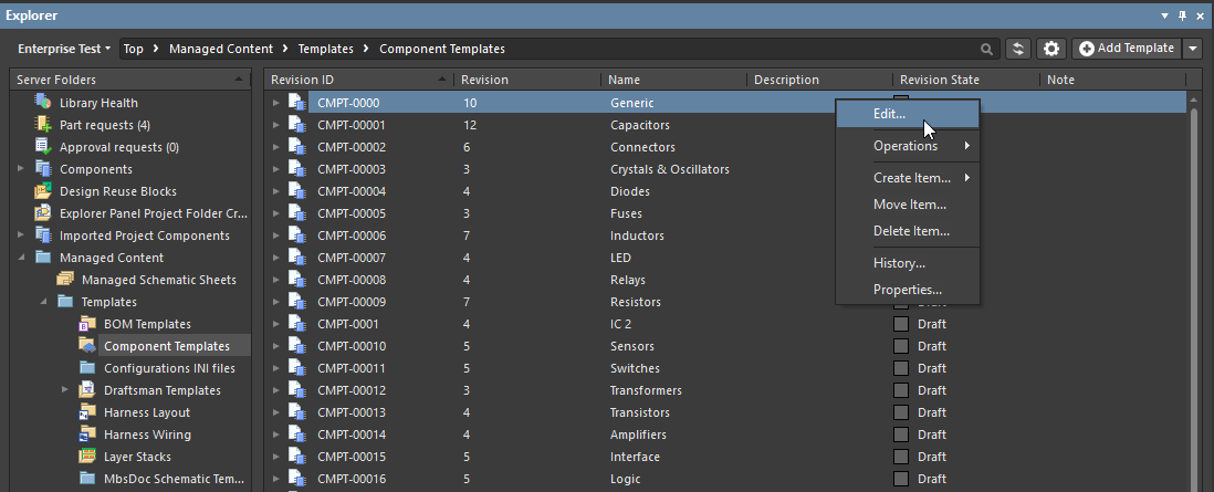 Altium Explorer panel in Managed Content > Templates > Component Templates, showing component template revisions list with context menu open on “Generic” template and “Edit” option selected.
