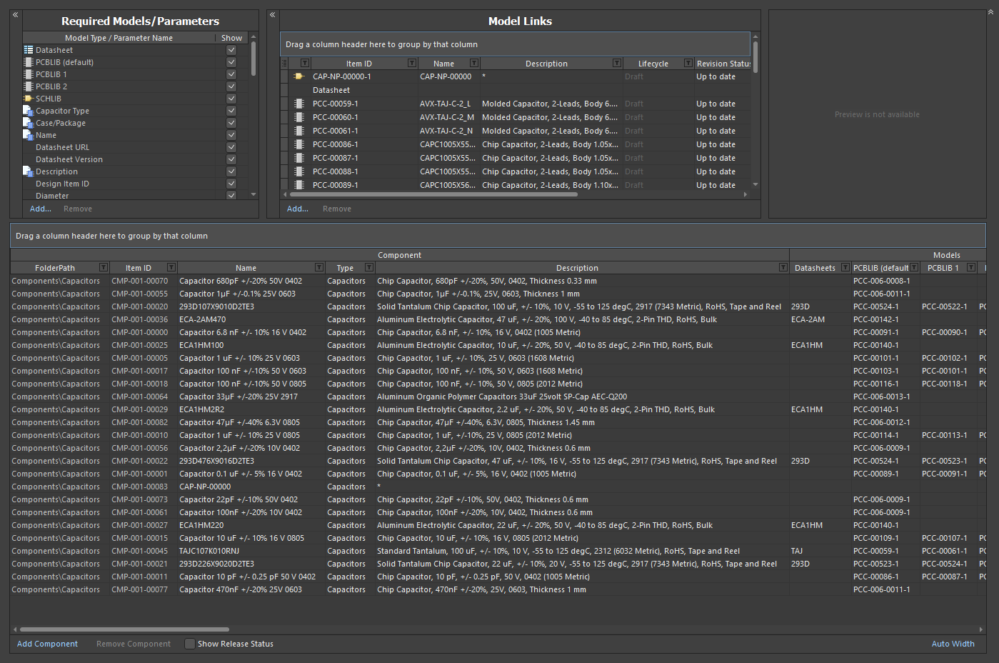 Altium component editor, showing capacitor component type configuration with required parameters, model links, and a component list; capacitor items are mapped to a CAP-NP-00000 model template with linked PCB and datasheet models.