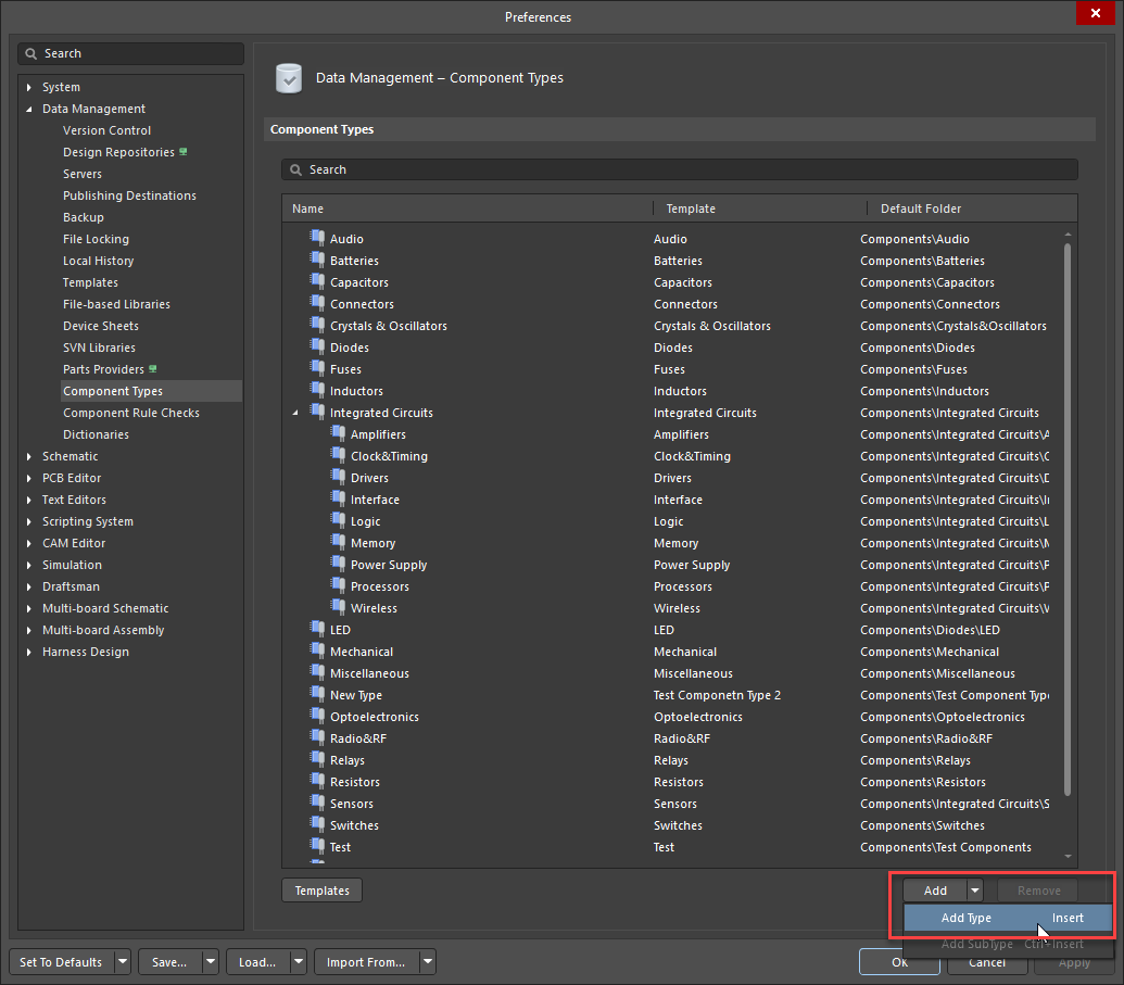 Altium Designer Preferences, Data Management > Component Types, showing component type list and Add menu expanded with “Add Type” and “Insert” options available for creating a new component type.