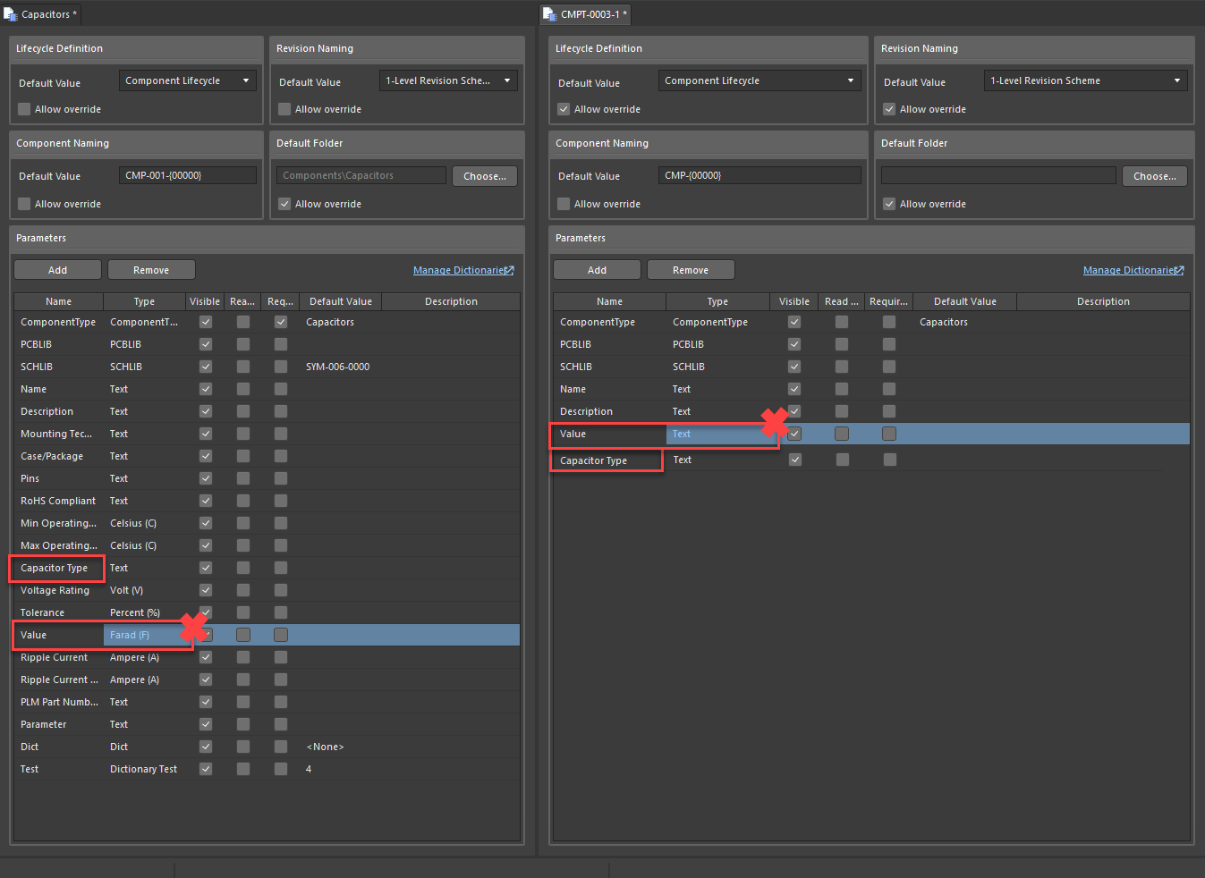 Altium component template editor comparing Capacitors template with a new template; parameter “Capacitor Type” and unit-based “Value” field present in the Capacitors template are missing or renamed in the new template.