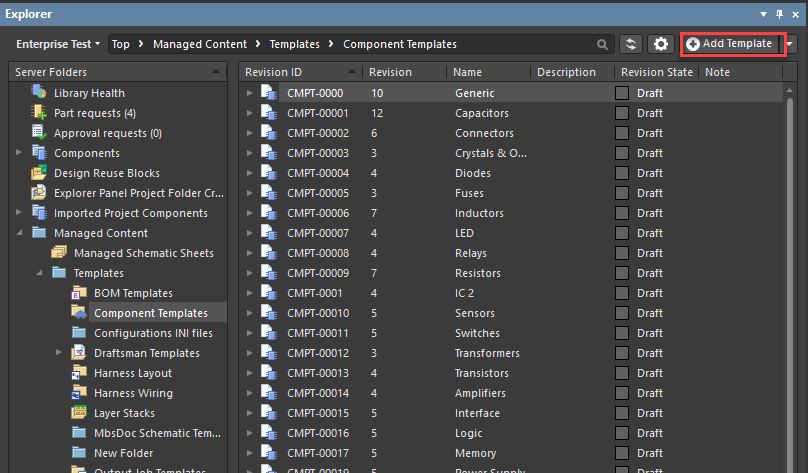 Altium Explorer panel in Managed Content > Templates > Component Templates, showing the Add Template button used to create a new component template.
