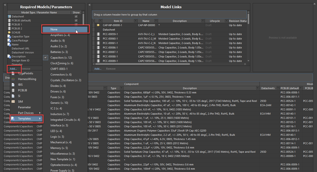 Altium component editor showing Add > Templates menu, with “Capacitors (v.12)” selected as the template to add required models/parameters to capacitor components.