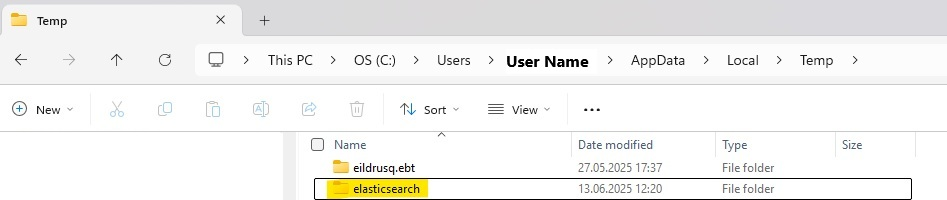 Windows File Explorer opens to C:\Users\User Name\AppData\Local\Temp, showing an “elasticsearch” temporary folder present alongside another folder, indicating Elasticsearch temp files exist on the system.
