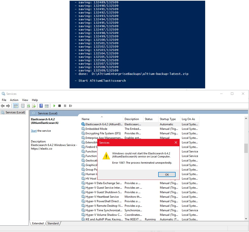 Services dialog for Elasticsearch 6.4.2 (AltiumElasticsearch), showing service start failure with “Windows could not start the service”; Error 1067 states the process terminated unexpectedly after backup completion.