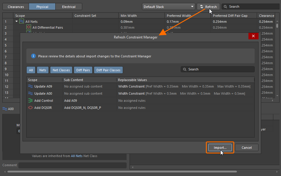 Altium Constraint Manager refresh dialog listing schematic import changes.