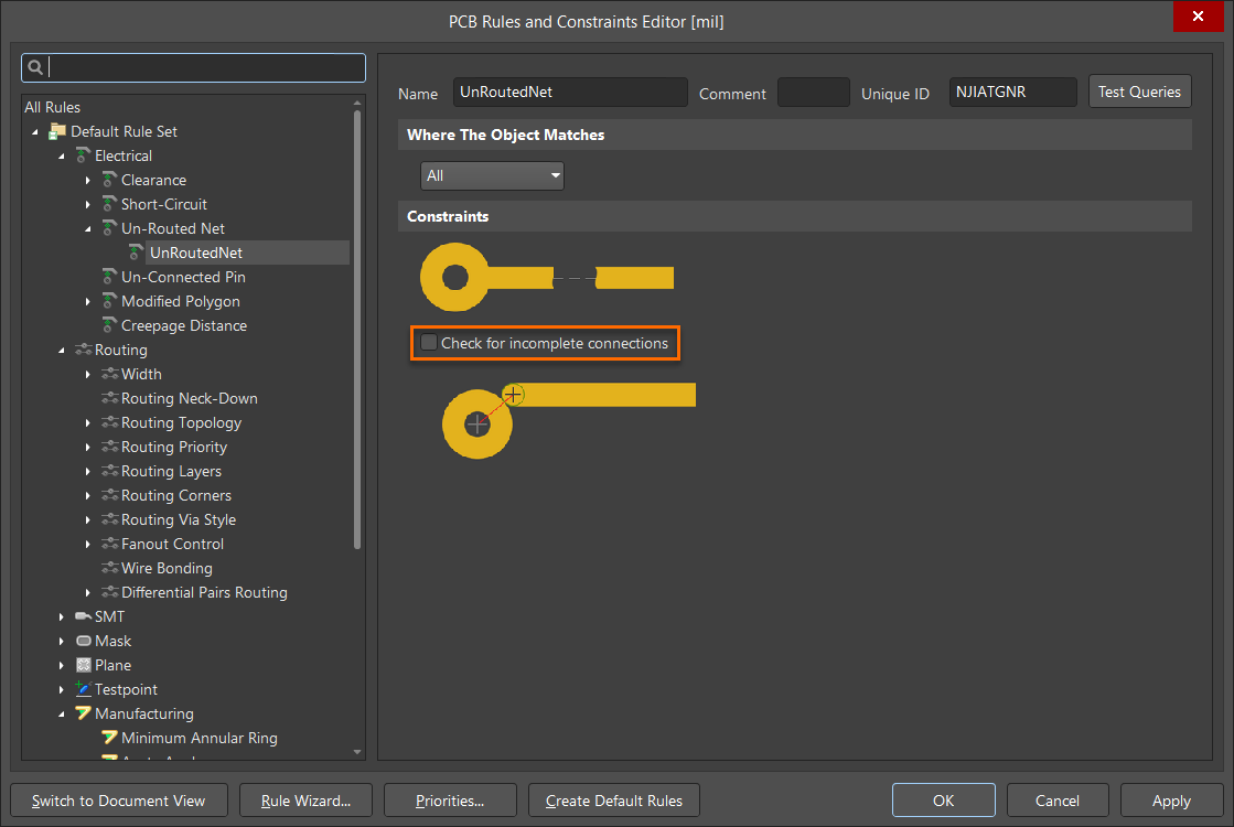 PCB Rules and Constraints Editor dialog showing Electrical > Un-Routed Net rule selected, with “Check for incomplete connections” option unchecked for rule “UnRoutedNet”.