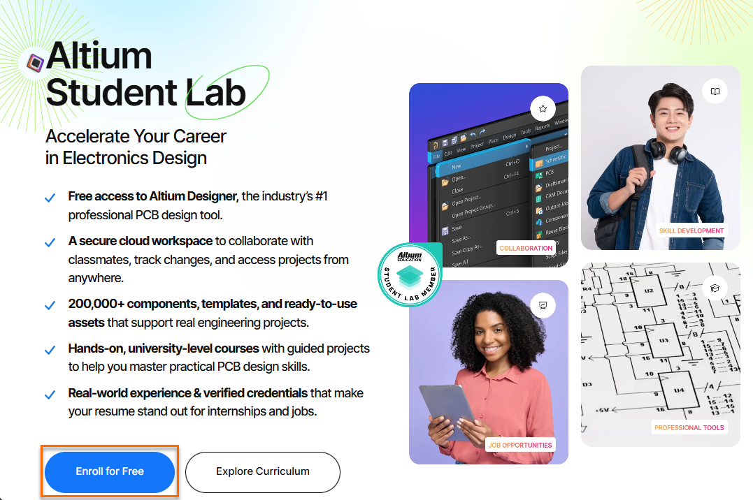 Student Lab page showing Enroll for Free button: Altium Student Lab enrollment page listing program benefits, with an “Enroll for Free” button available to start registration.