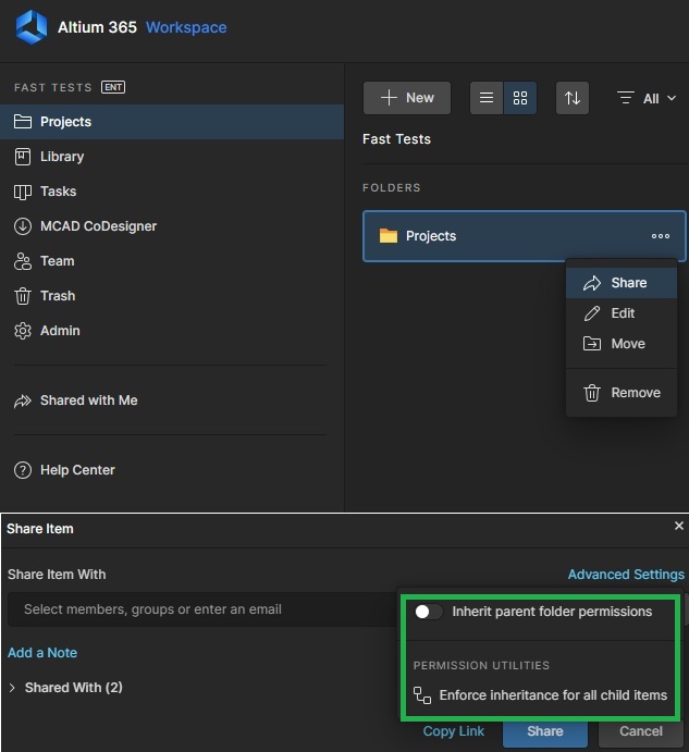 Altium 365 Workspace Projects page with Share Item dialog open, showing folder “Projects”; “Inherit parent folder permissions” is disabled and “Enforce inheritance for all child items” is available under Permission Utilities.