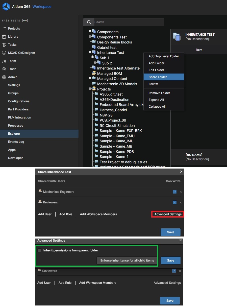 Altium 365 Workspace Admin > Explorer view showing folder “Inheritance Test” share settings; Advanced Settings is open with “Inherit permissions from parent folder” unchecked and “Enforce inheritance for all child items” available.