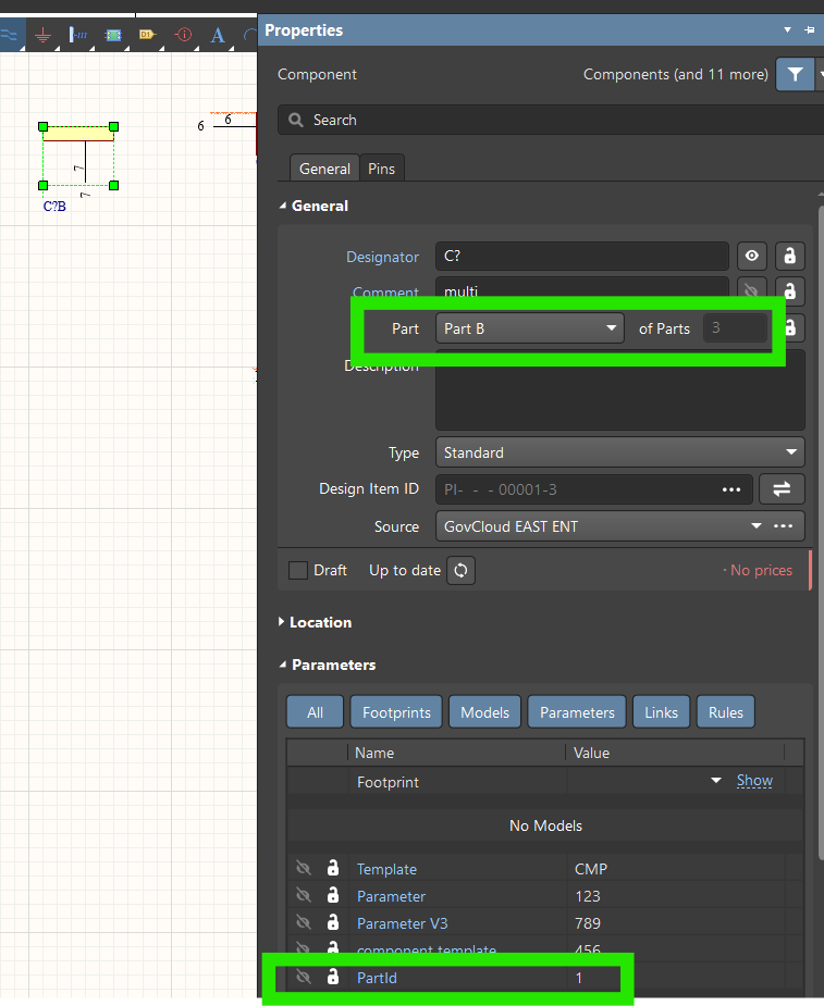 Altium Designer schematic Properties panel for a multipart component with Part set to Part B of 3. Designator is C?, Comment “multi,” and the Parameters list shows PartId value 1, indicating the same logical component instance.