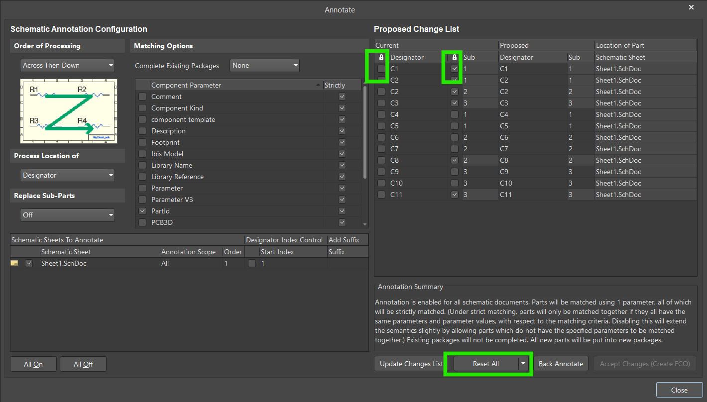 Altium Designer Annotate dialog showing Schematic Annotation Configuration. Proposed Change List displays current and proposed designators and sub‑parts, with Sub values highlighted, and the Reset All button available to revert pending annotation changes.