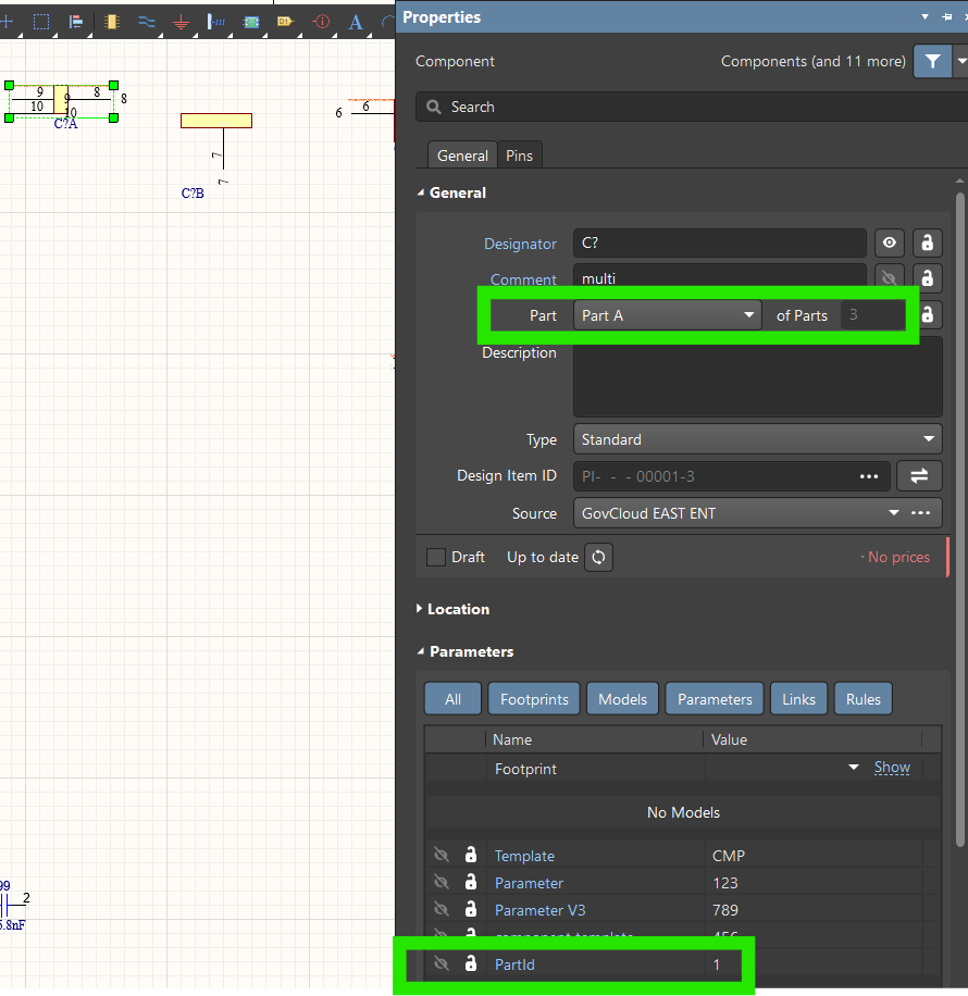 Altium Designer schematic Properties panel for a component showing multipart settings: Part set to Part A of 3, Designator C?, Comment “multi,” and a PartId parameter value of 1 listed under Parameters.