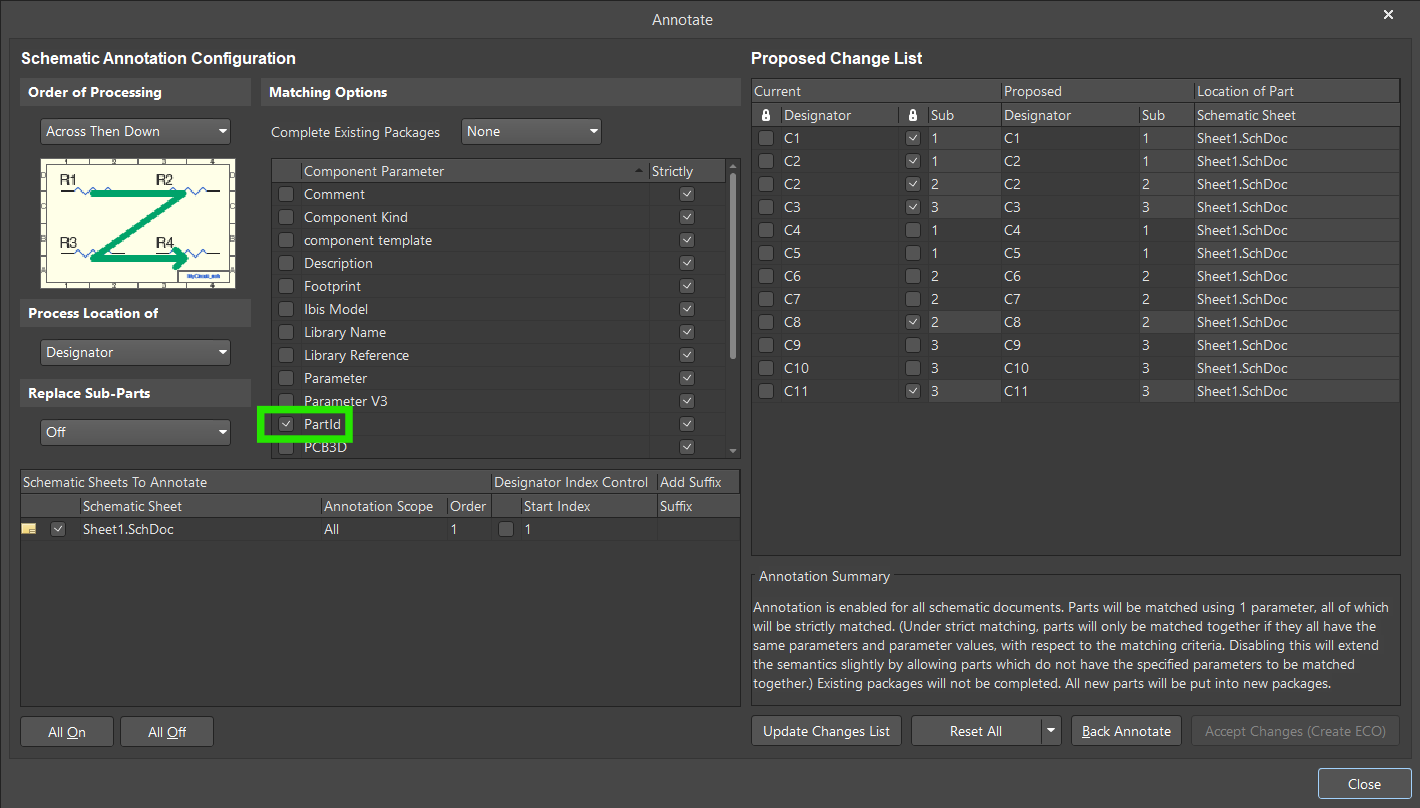 Altium Designer Annotate dialog showing Schematic Annotation Configuration. Matching Options include PartId enabled, and the Proposed Change List previews updated component designators and sub‑parts before applying changes.