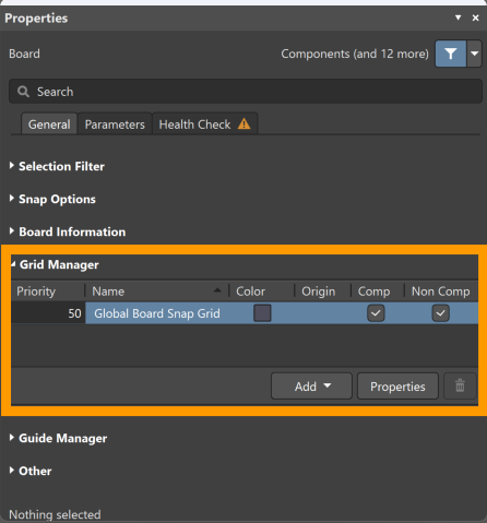 Properties panel, Grid Manager section showing Global Board Snap Grid with Comp and Non Comp options enabled.
