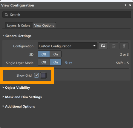 View Configuration panel, View Options tab, showing General Settings with Show Grid enabled.