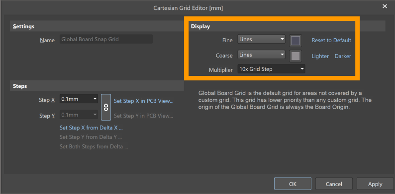 Cartesian Grid Editor dialog showing Global Board Snap Grid display settings, with Fine and Coarse grid styles set to Lines and Multiplier set to 10x Grid Step.