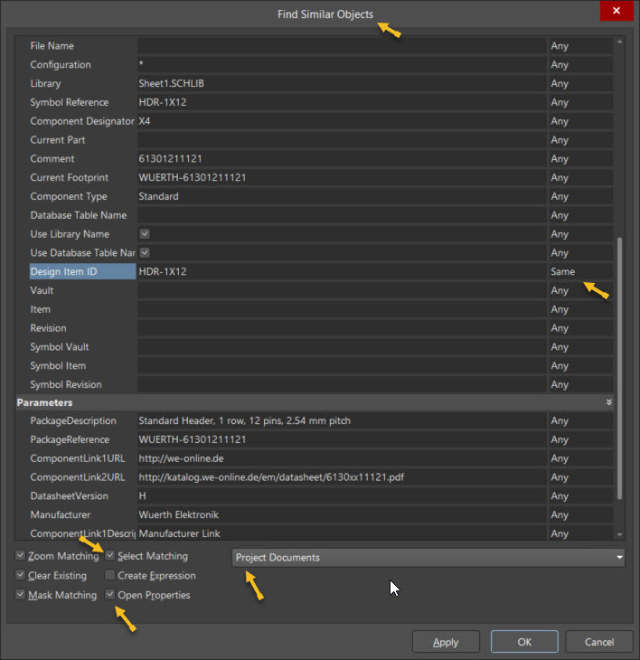 Find Similar Objects dialog showing component search criteria and matching options, with Design Item ID set to Same and matching actions enabled.