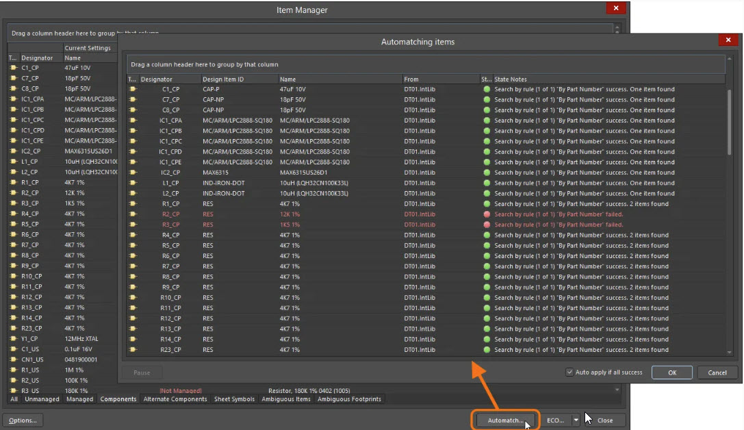 Item Manager showing automatching results for components by part number