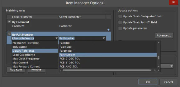 Item Manager Options dialog showing Matching rules set to By Part Number, mapping Local Parameter Library Reference to Server Parameter PartNumber; dropdown lists Packing, Page Size, Parameter1, PartNumber selected.