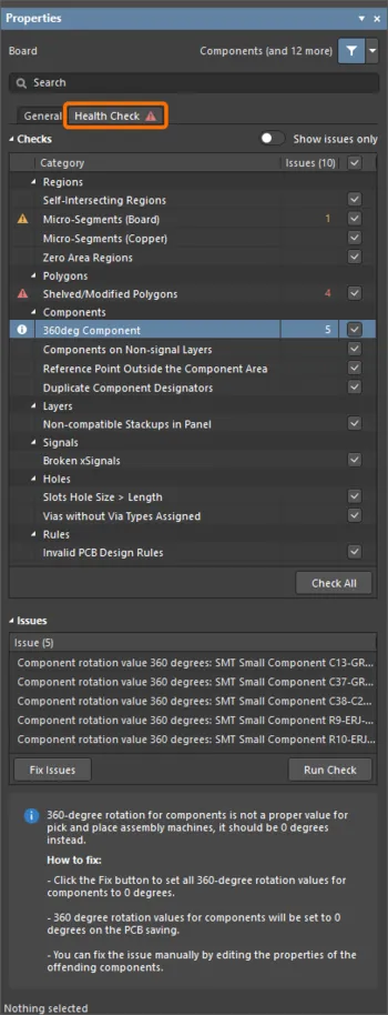 Board モードの Properties パネルにある新しい Health Check タブ。 Board モードの Properties パネルにある新しい Health Check タブ。