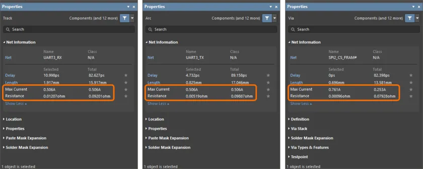 Track、Arc、Via モードの Properties パネルで Max Current と Resistance 値が表示されます。 Track、Arc、Via モードの Properties パネルで Max Current と Resistance 値が表示されます。