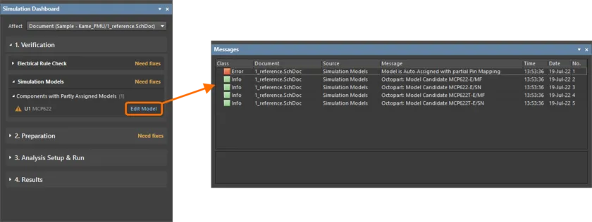 自動割り当てされたシミュレーション モデルに関連するメッセージの例。 自動割り当てされたシミュレーション モデルに関連するメッセージの例。