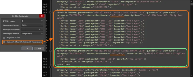 Distinguish different footprints with the same name オプションを有効にして生成された IPC-2581 出力の例。 Distinguish different footprints with the same name オプションを有効にして生成された IPC-2581 出力の例。