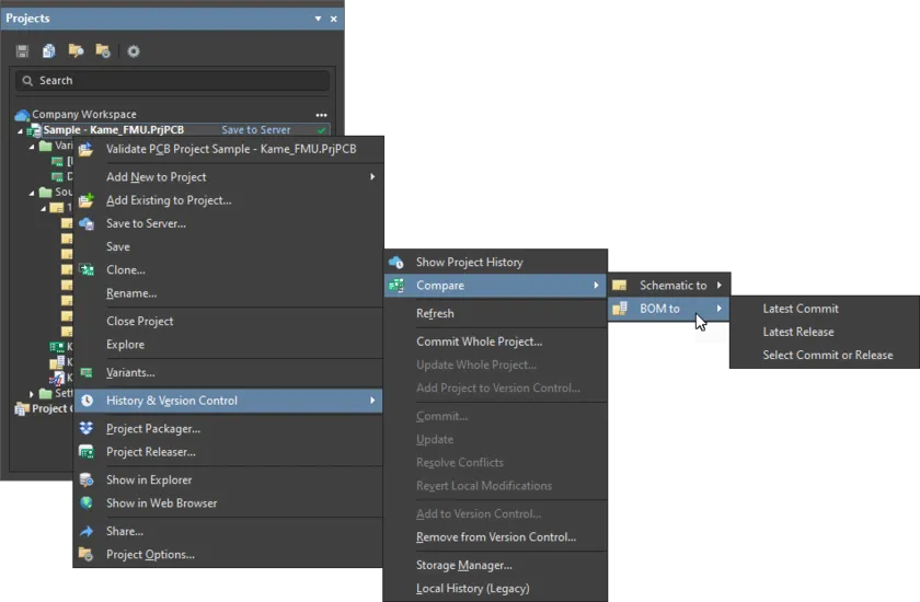BOM 比較コマンドは、Projects パネルから使用できます。 BOM 比較コマンドは、Projects パネルから使用できます。