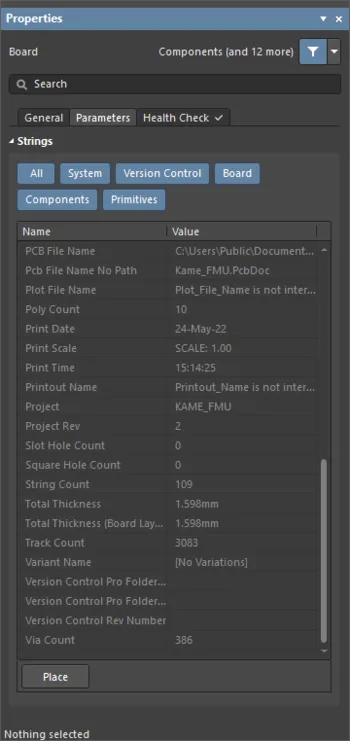 Board モードの Properties パネルの Parameters タブには、PCB 設計に関する包括的なパラメータ情報が表示されます。 Board モードの Properties パネルの Parameters タブには、PCB 設計に関する包括的なパラメータ情報が表示されます。
