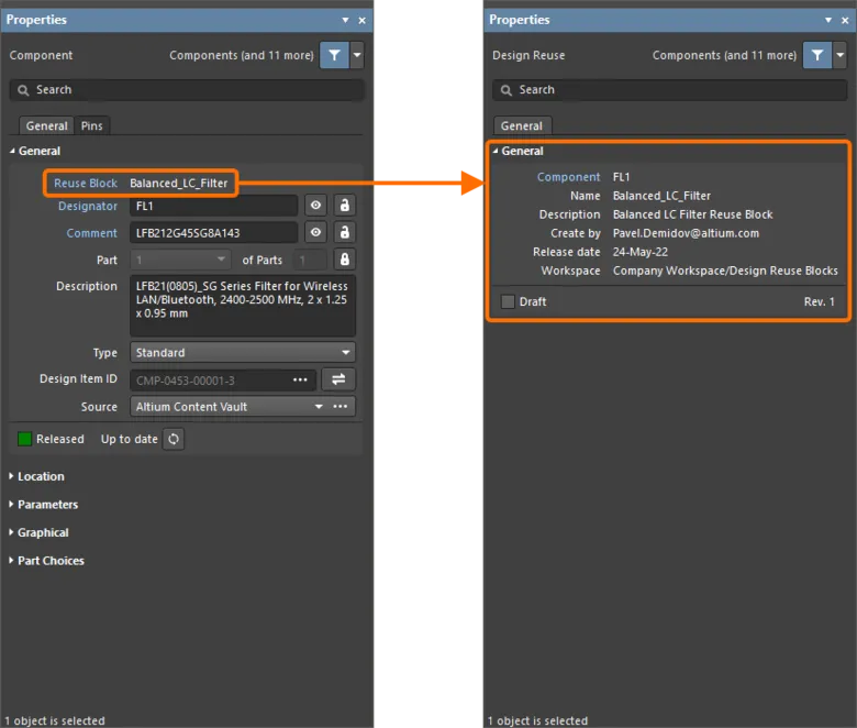 再利用ブロックの一部であるコンポーネントから再利用ブロックのプロパティを表示。 再利用ブロックの一部であるコンポーネントから再利用ブロックのプロパティを表示。
