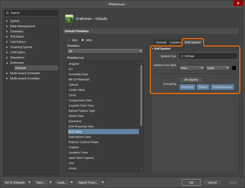 Draftsman のドリルテーブルのいくつかの追加オプションのデフォルト設定は、Preferences Draftsman - Default ページの Drill Symbols タブで定義できます。 Draftsman のドリルテーブルのいくつかの追加オプションのデフォルト設定は、Preferences Draftsman - Default ページの Drill Symbols タブで定義できます。