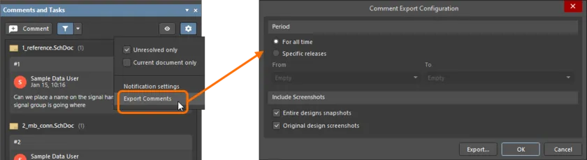 Comments and Tasks パネルから Comment Export Configuration ダイアログを表示。 Comments and Tasks パネルから Comment Export Configuration ダイアログを表示。