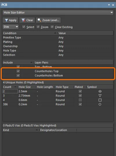  PCB パネルの Hole Size Editor モード (最初の画像) と Drill Table モードの Properties パネル (2 番目の画像) の Counterholes Top と Counterholes Bottom グループ。