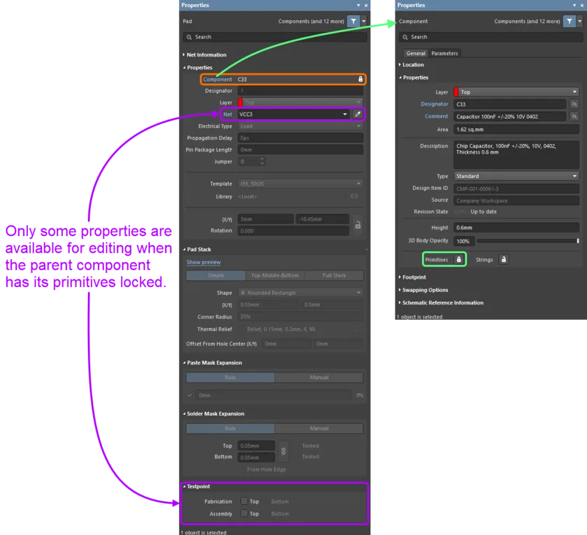 プリミティブがロックされている PCB コンポーネント (右) のパッドの Pad モードの Properties パネル (左)。 プリミティブがロックされている PCB コンポーネント (右) のパッドの Pad モードの Properties パネル (左)。