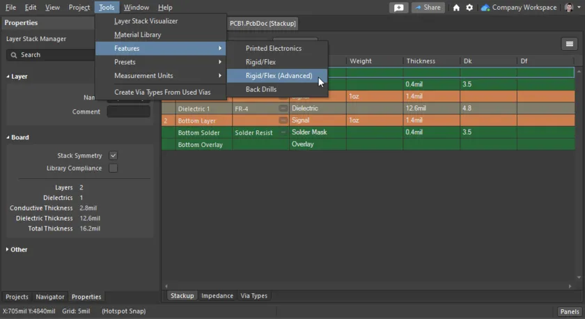 Tools メニュを使用、または features ボタンをクリックして Advanced Rigid-Flex モードを有効にして (画像の上にカーソルを置くと、これを表示できます)、リジッドフレキシブル基板を設定できます Tools メニュを使用、または features ボタンをクリックして Advanced Rigid-Flex モードを有効にして (画像の上にカーソルを置くと、これを表示できます)、リジッドフレキシブル基板を設定できます