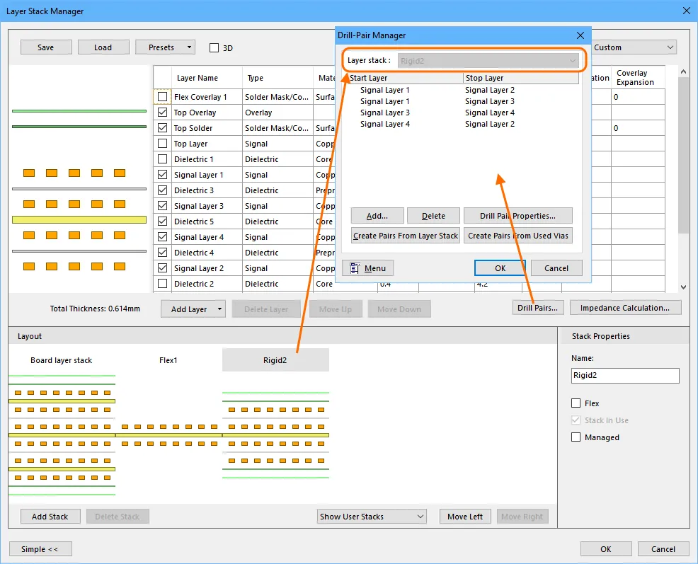 Select the stack then click the Drill Pairs button to define the drill pairs for that stack. 