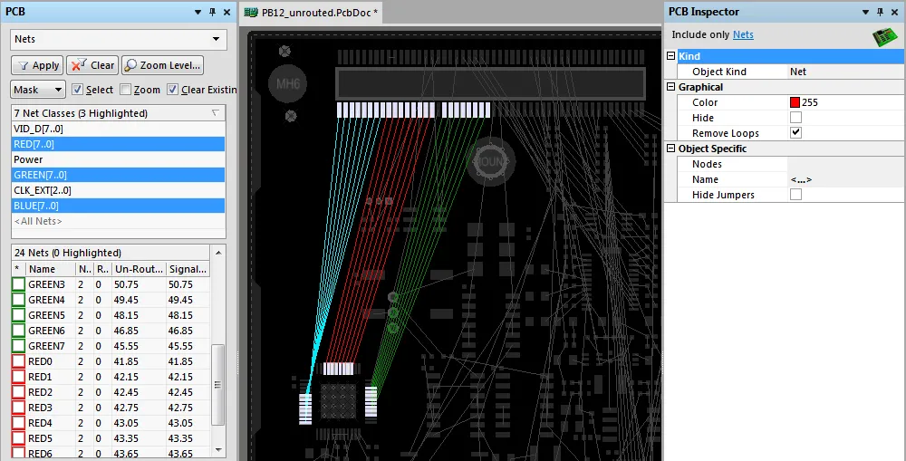 Give meaning to role of the different nets by changing the color of their connection lines. In this image all other nets are masked, hover to see the difference when there is no mask applied. 