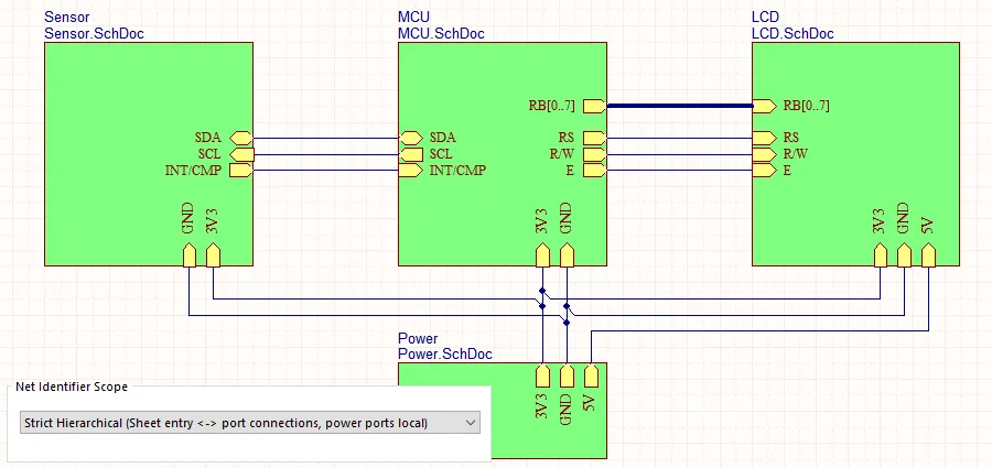 If the Net Identifier Scope is set to Strict Hierarchy then every power net must be wired to every sheet that they are used on.