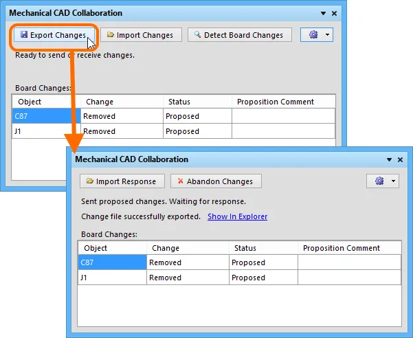 With proposed changes to the board made, export to create an EDMD Changes file, to send those proposed changes to the mechanical designer.