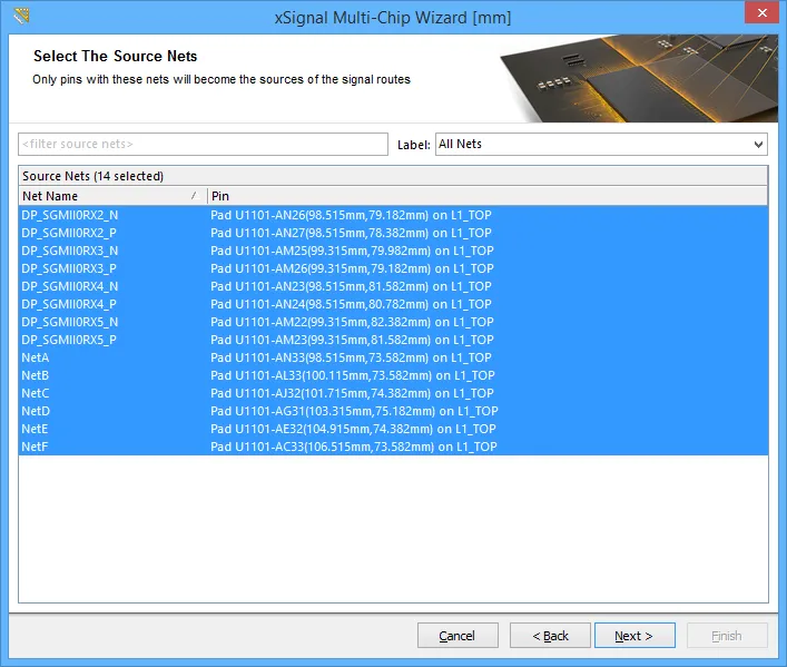 Select the nets of interest connected to the chosen source component.